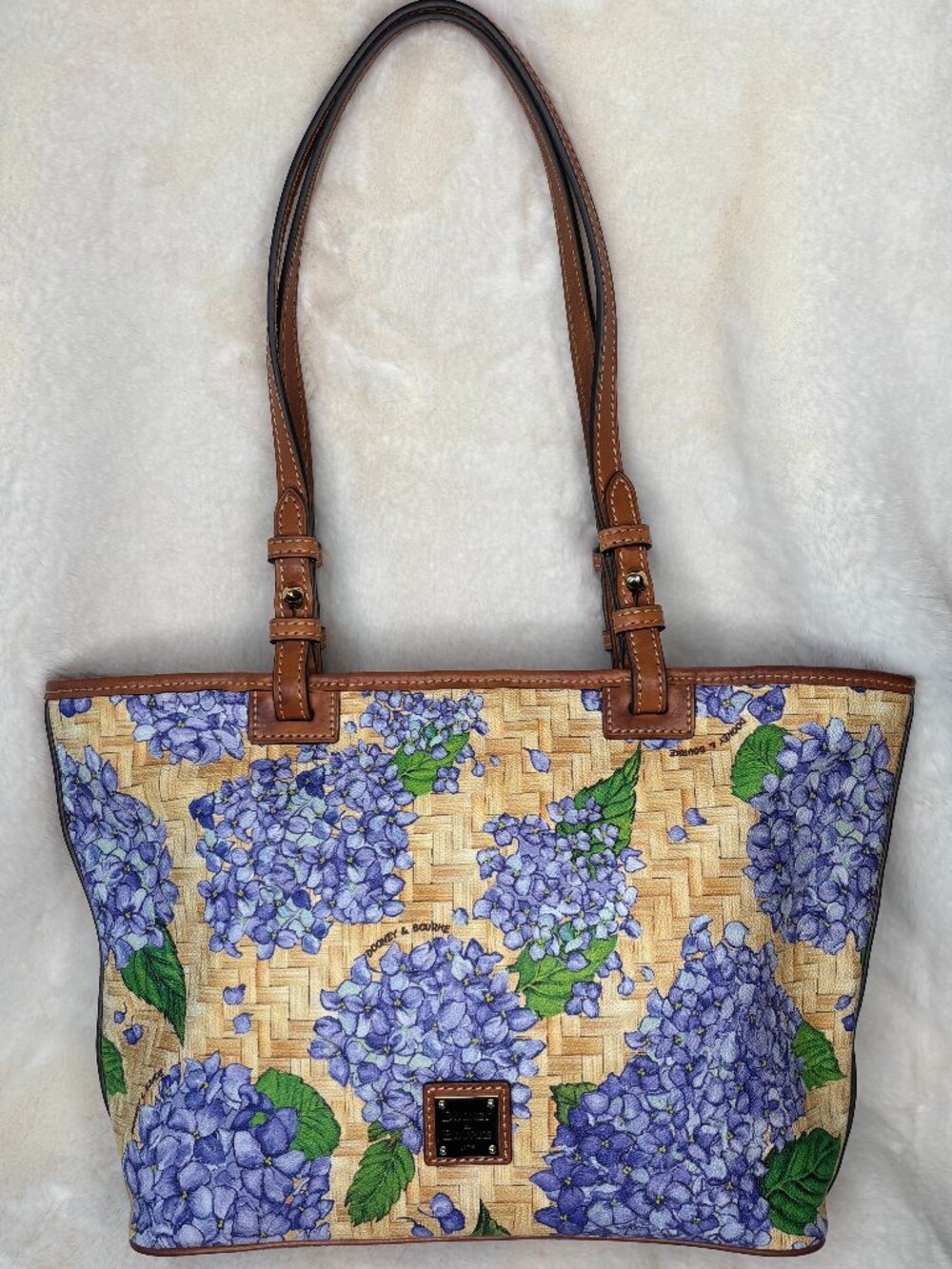 Dooney & Bourke Purple Hydrangea With Yellow Basketweave Design Shopper Tote Bag